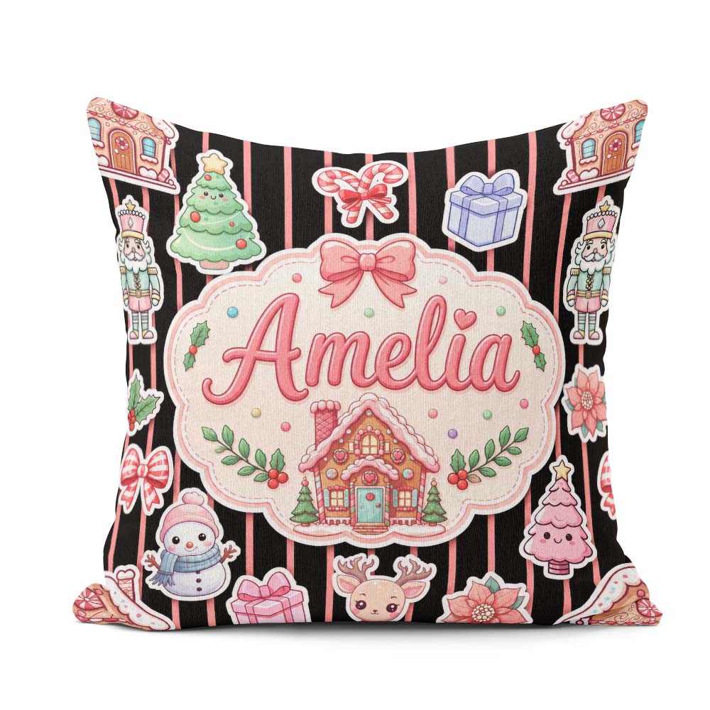 Custom Name Christmas Gingerbread House Snowman Tree Red Stripe Square Filled Cushion Throw Pillow Sofa Bed Home Decor Zip Washable UK Made
