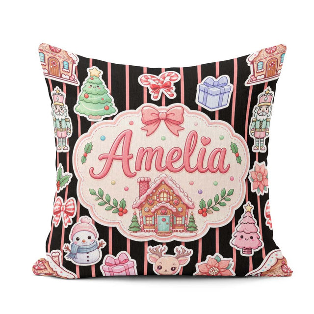 Custom Name Christmas Gingerbread House Snowman Tree Red Stripe Square Filled Cushion Throw Pillow Sofa Bed Home Decor Zip Washable UK Made