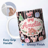 Personalized Custom Name Cute Christmas Gingerbread House Snowman Tree Gift Red Stripe 11oz Ceramic Coffee Tea Mug White Large Handle