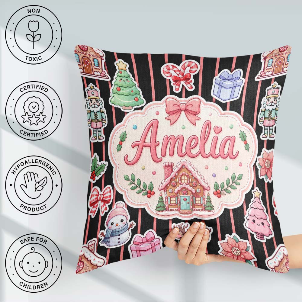Custom Name Christmas Gingerbread House Snowman Tree Red Stripe Square Filled Cushion Throw Pillow Sofa Bed Home Decor Zip Washable UK Made