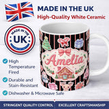 Personalized Custom Name Cute Christmas Gingerbread House Snowman Tree Gift Red Stripe 11oz Ceramic Coffee Tea Mug White Large Handle