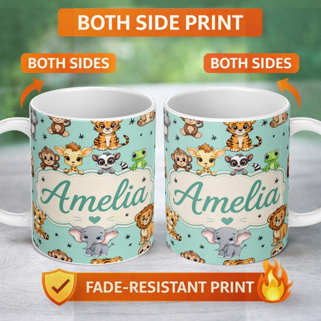 Personalized Custom Name Cute Jungle Baby Animals Lion Tiger Elephant Giraffe Pattern Mint 11oz Ceramic Coffee Tea Mug White Large Handle