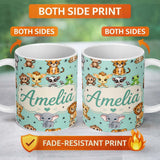 Personalized Custom Name Cute Jungle Baby Animals Lion Tiger Elephant Giraffe Pattern Mint 11oz Ceramic Coffee Tea Mug White Large Handle
