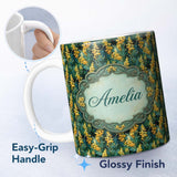 Personalized Custom Name Rich Dark Botanical Pattern with Golden Yellow Flowers on Deep Green 11oz Ceramic Coffee Tea Mug White Large Handle