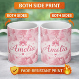 Personalized Custom Name Soft Pink Snowy Christmas Trees Winter Wonderland Seamless Pattern 11oz Ceramic Coffee Tea Mug White Large Handle