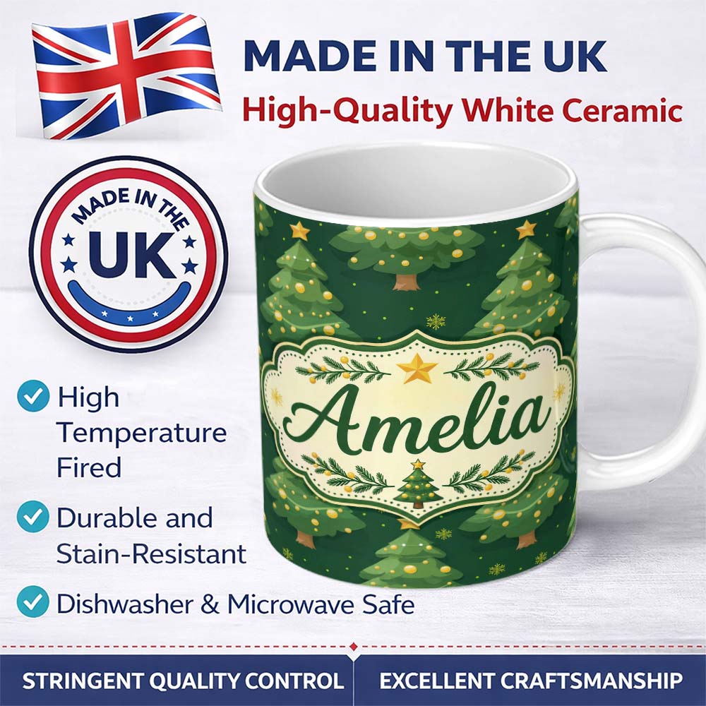 Personalized Custom Name Cartoon Christmas Trees with Golden Baubles and Stars Cute Seamless 11oz Ceramic Coffee Tea Mug White Large Handle