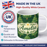 Personalized Custom Name Cartoon Christmas Trees with Golden Baubles and Stars Cute Seamless 11oz Ceramic Coffee Tea Mug White Large Handle