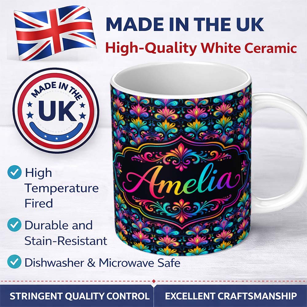 Personalized Custom Name Bright Psychedelic Floral Scroll Damask Seamless Pattern Lovely 11oz Ceramic Coffee Tea Mug White Large Handle