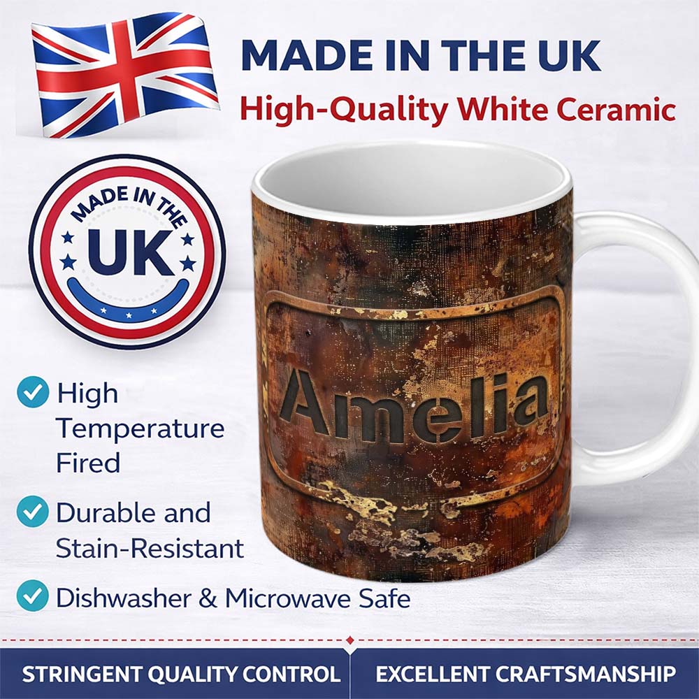 Personalized Custom Name Urban Rust Texture with Gold Flecks Industrial Grunge Seamless 11oz Ceramic Coffee Tea Mug White Large Handle