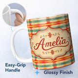 Personalized Custom Name Distressed Horizontal Stripe Pattern in Coral Teal and Mustard Tones 11oz Ceramic Coffee Tea Mug White Large Handle