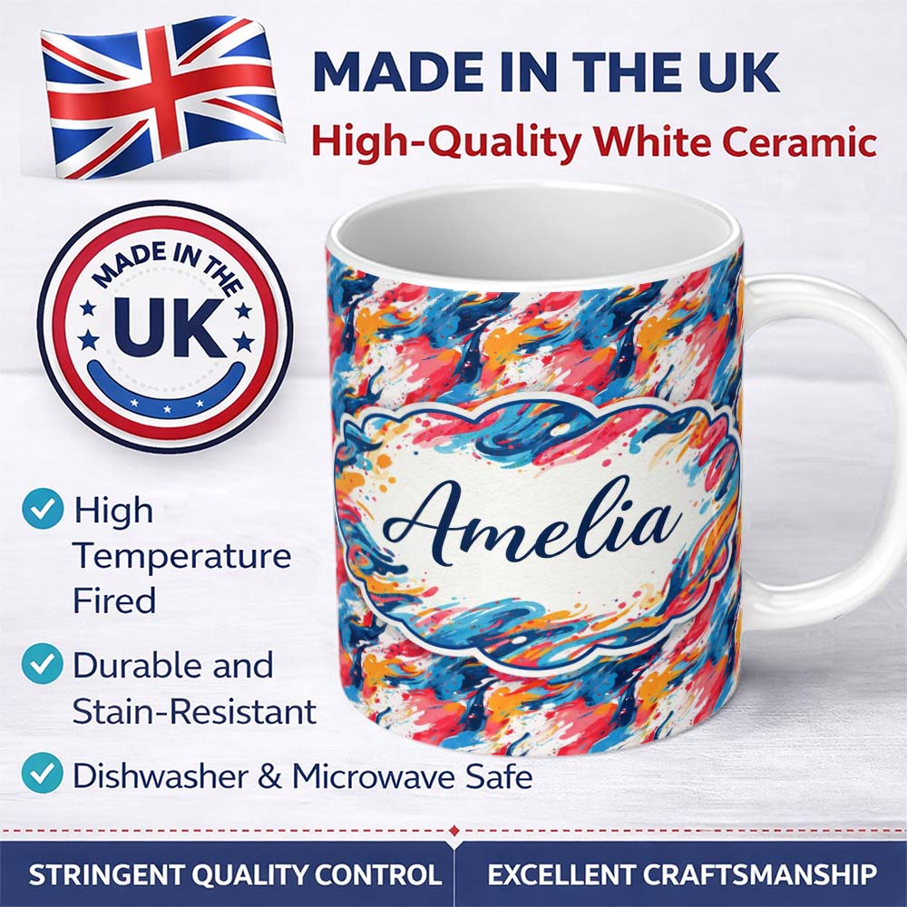 Personalized Custom Name Modern Fluid Marble Teal Red Cream Abstract Pattern Cute Unique Gift 11oz Ceramic Coffee Tea Mug White Large Handle