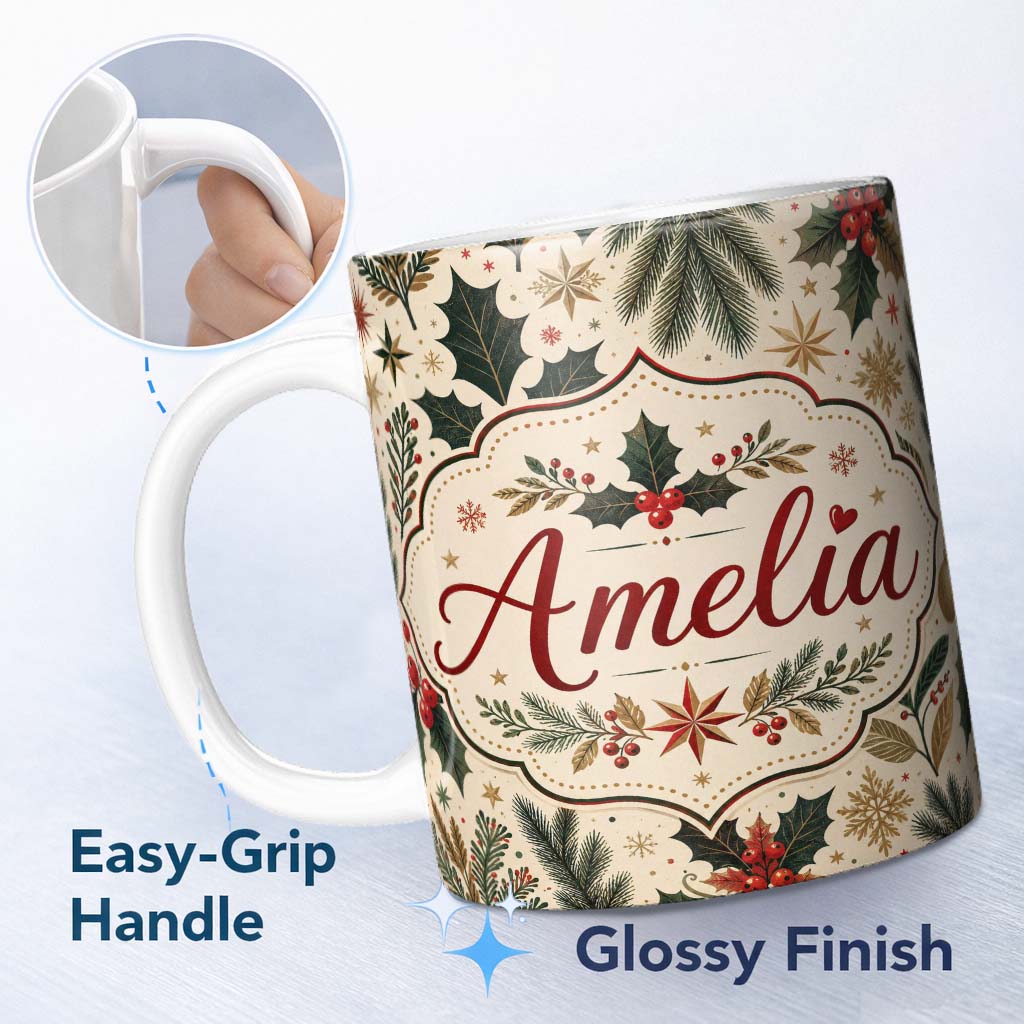 Personalized Custom Name Elegant Christmas Holly Leaves with Berries and Stars Festive Lovely 11oz Ceramic Coffee Tea Mug White Large Handle