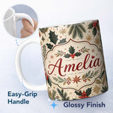 Personalized Custom Name Elegant Christmas Holly Leaves with Berries and Stars Festive Lovely 11oz Ceramic Coffee Tea Mug White Large Handle