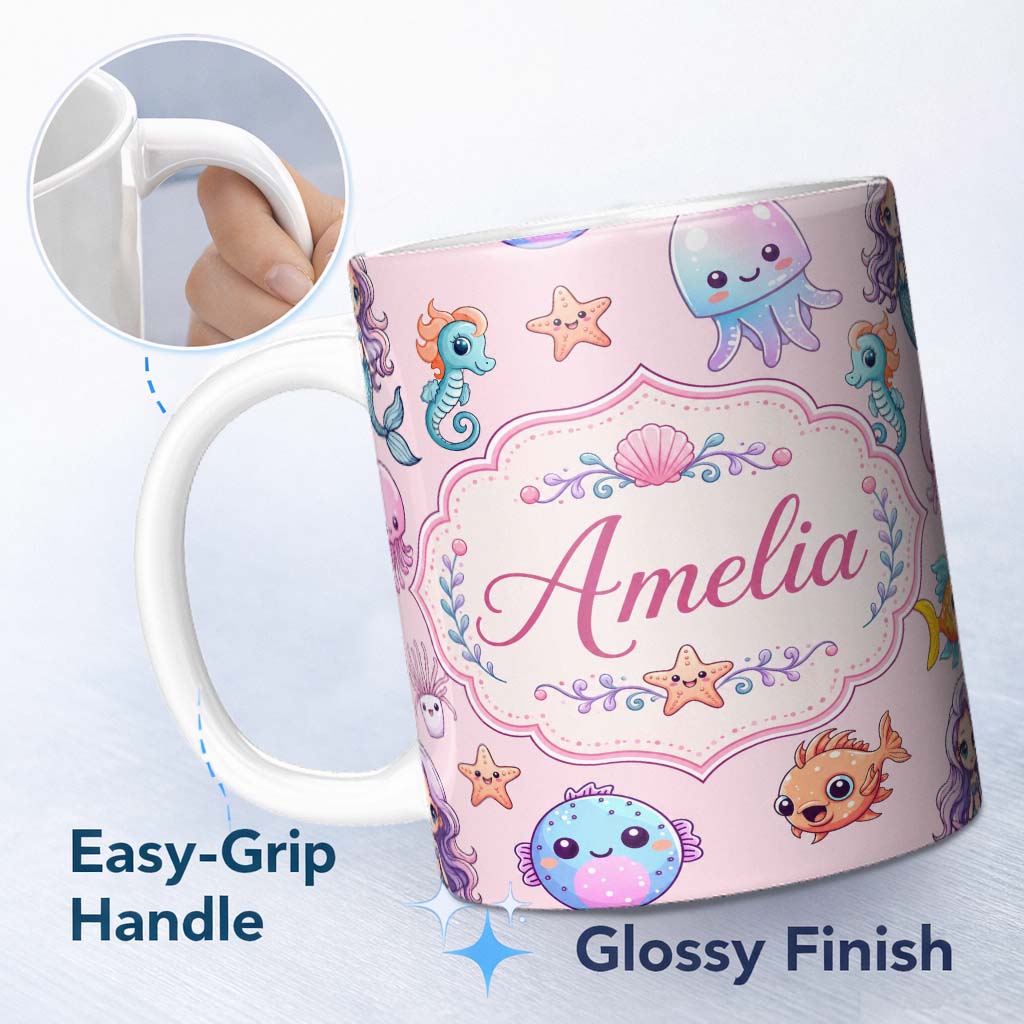 Personalized Custom Name Cute Cartoon Mermaid with Sea Creatures on Soft Pink Background Kids 11oz Ceramic Coffee Tea Mug White Large Handle