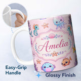 Personalized Custom Name Cute Cartoon Mermaid with Sea Creatures on Soft Pink Background Kids 11oz Ceramic Coffee Tea Mug White Large Handle