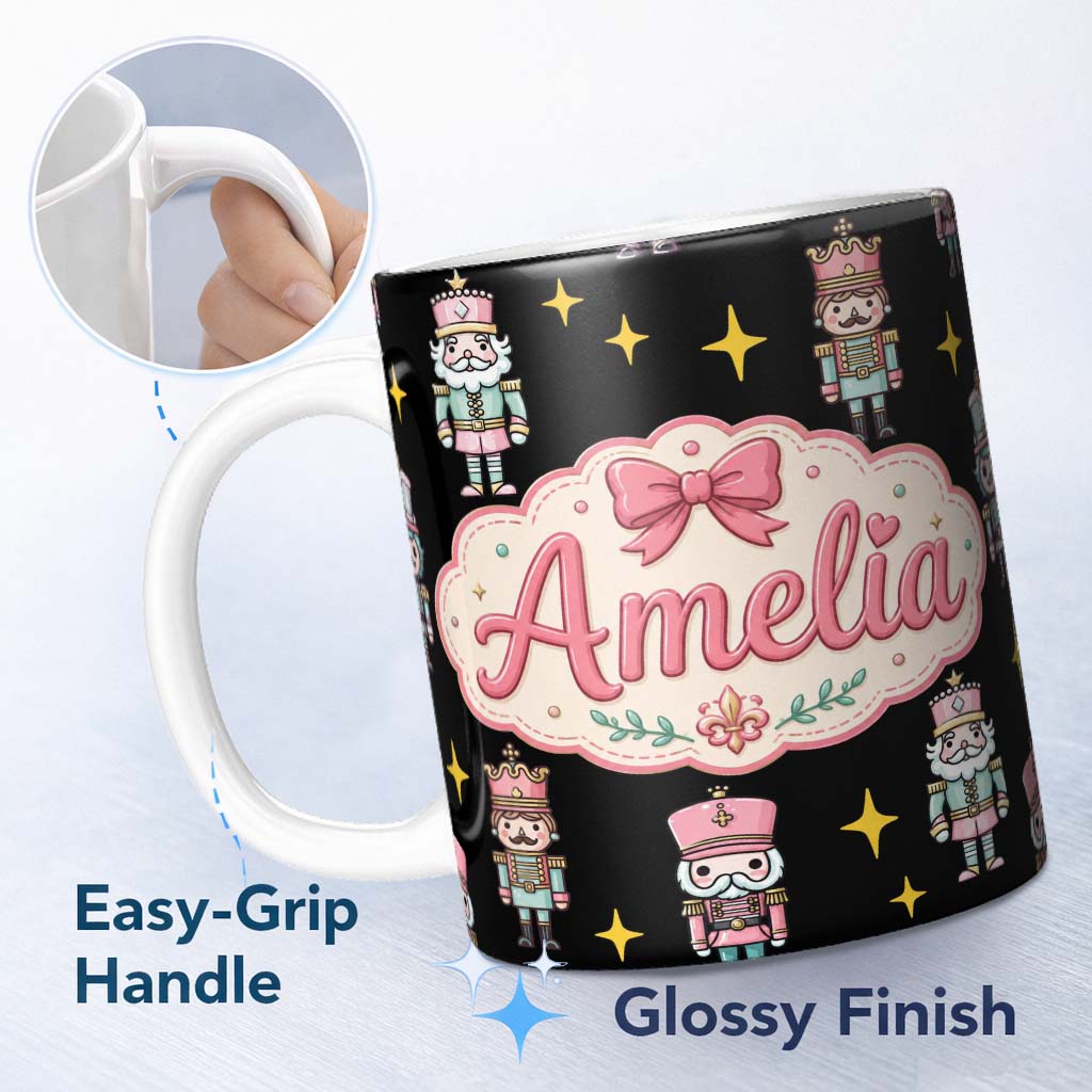 Personalized Custom Name Cute Nutcracker Soldier Toy King with Star Sparkle Christmas 11oz Ceramic Coffee Tea Mug White Large Handle