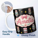 Personalized Custom Name Cute Nutcracker Soldier Toy King with Star Sparkle Christmas 11oz Ceramic Coffee Tea Mug White Large Handle