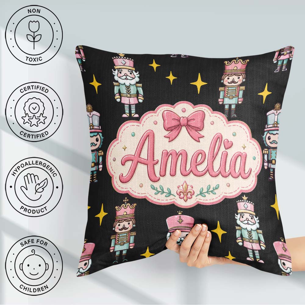 Custom Name Cute Nutcracker Soldier Toy King with Star Christmas Square Filled Cushion Throw Pillow Sofa Bed Home Decor Zip Washable UK Made