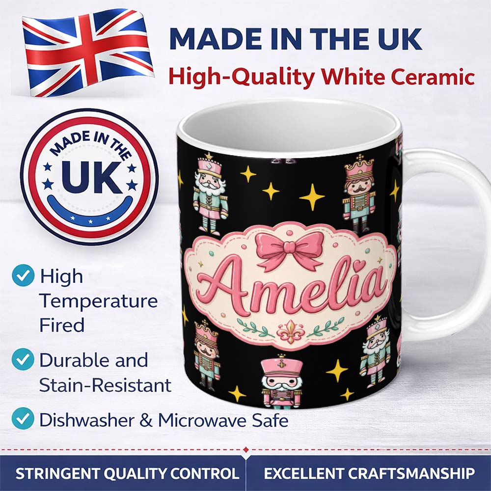 Personalized Custom Name Cute Nutcracker Soldier Toy King with Star Sparkle Christmas 11oz Ceramic Coffee Tea Mug White Large Handle