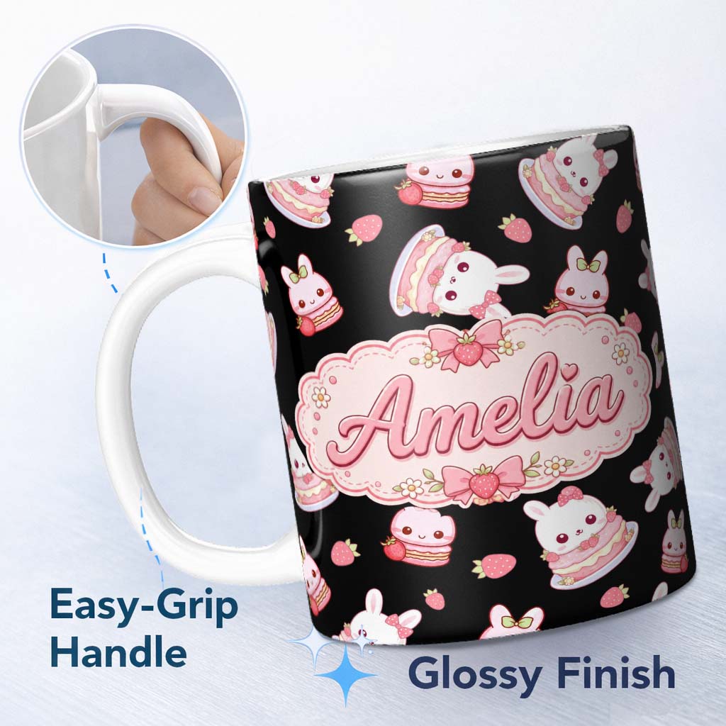 Personalized Custom Name Cute Strawberry Bunny Macaron Dessert Kawaii Sweet Seamless Pattern 11oz Ceramic Coffee Tea Mug White Large Handle