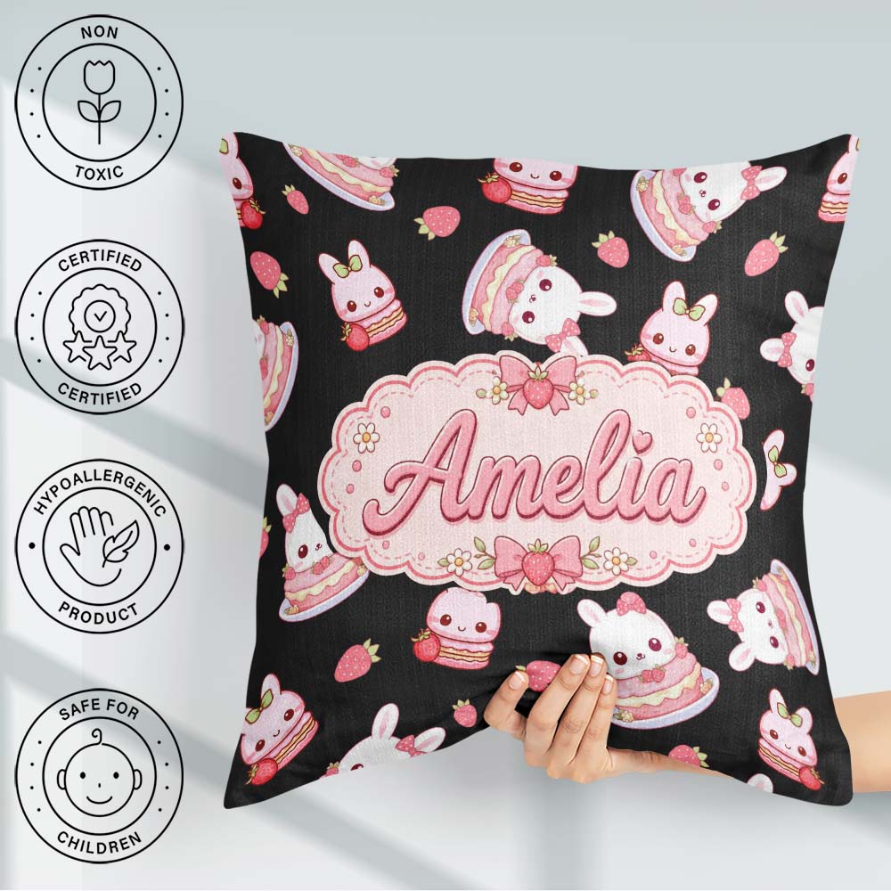 Custom Name Bunny Macaron Dessert Kawaii Sweet Seamless Pattern Square Filled Cushion Throw Pillow Sofa Bed Home Decor Zip Washable UK Made