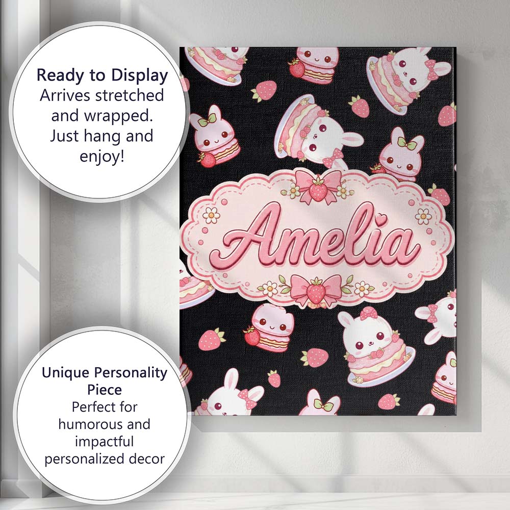 Personalised Name Cute Strawberry Bunny Custom  Modern Room Accent Elegant Feature Canvas Wall Art Print Decor Picture Ready to Hang