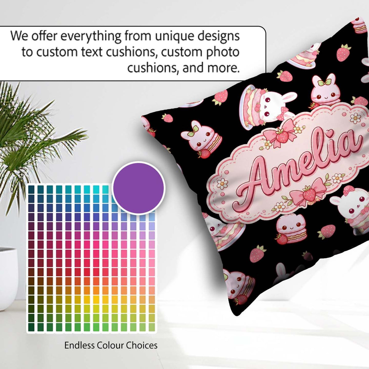 Custom Name Bunny Macaron Dessert Kawaii Sweet Seamless Pattern Square Filled Cushion Throw Pillow Sofa Bed Home Decor Zip Washable UK Made