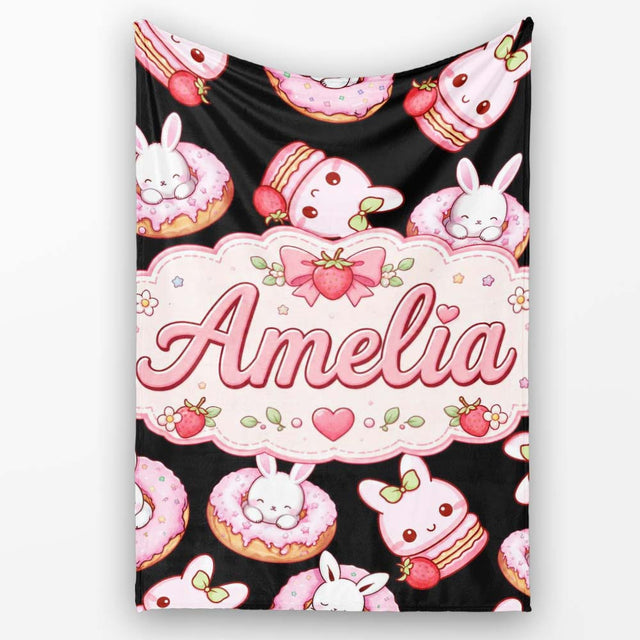 Cute Strawberry Bunny Donut Dessert Kawaii Sweet Seamless Pattern  Personalised Custom Name Super Soft Fleece Blanket Bed Sofa Throw