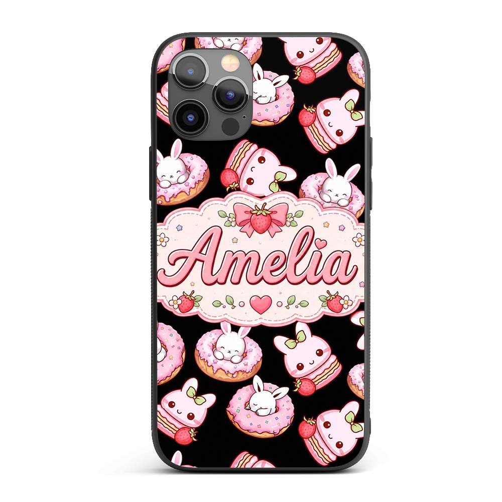 Cute Strawberry Bunny Donut Dessert Kawaii Sweet Custom Name Protective Phone Case Mobile Cover Durable Everyday Smartphone Shock Resistant