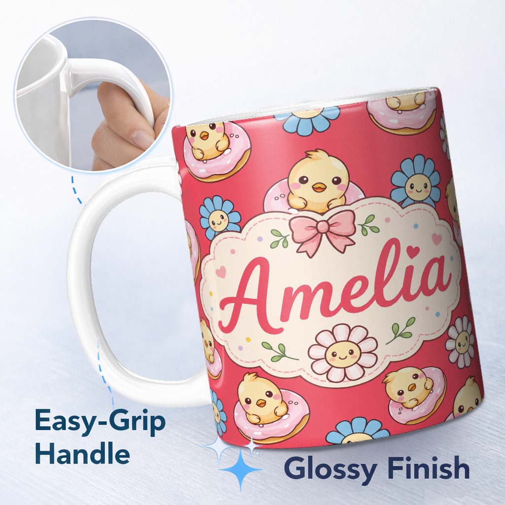 Personalized Custom Name Cute Baby Chick Donut Flowers Seamless Pattern Bright Red Background 11oz Ceramic Coffee Tea Mug White Large Handle