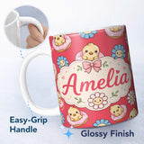 Personalized Custom Name Cute Baby Chick Donut Flowers Seamless Pattern Bright Red Background 11oz Ceramic Coffee Tea Mug White Large Handle