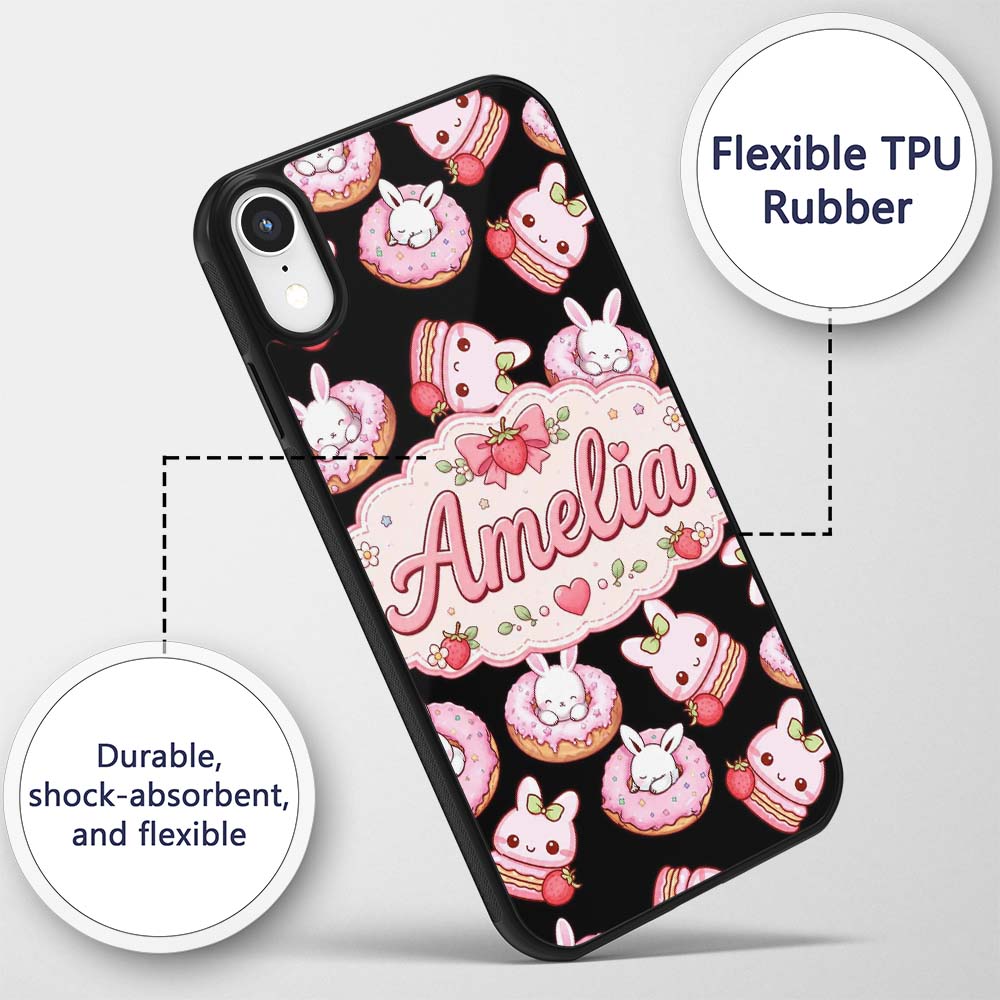 Cute Strawberry Bunny Donut Dessert Kawaii Sweet Custom Name Protective Phone Case Mobile Cover Durable Everyday Smartphone Shock Resistant