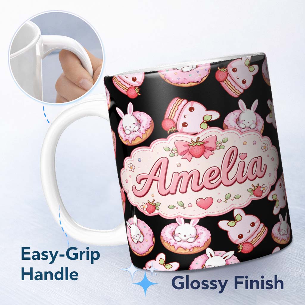 Personalized Custom Name Cute Strawberry Bunny Donut Dessert Kawaii Sweet Seamless Pattern 11oz Ceramic Coffee Tea Mug White Large Handle