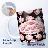 Personalized Custom Name Cute Strawberry Bunny Donut Dessert Kawaii Sweet Seamless Pattern 11oz Ceramic Coffee Tea Mug White Large Handle