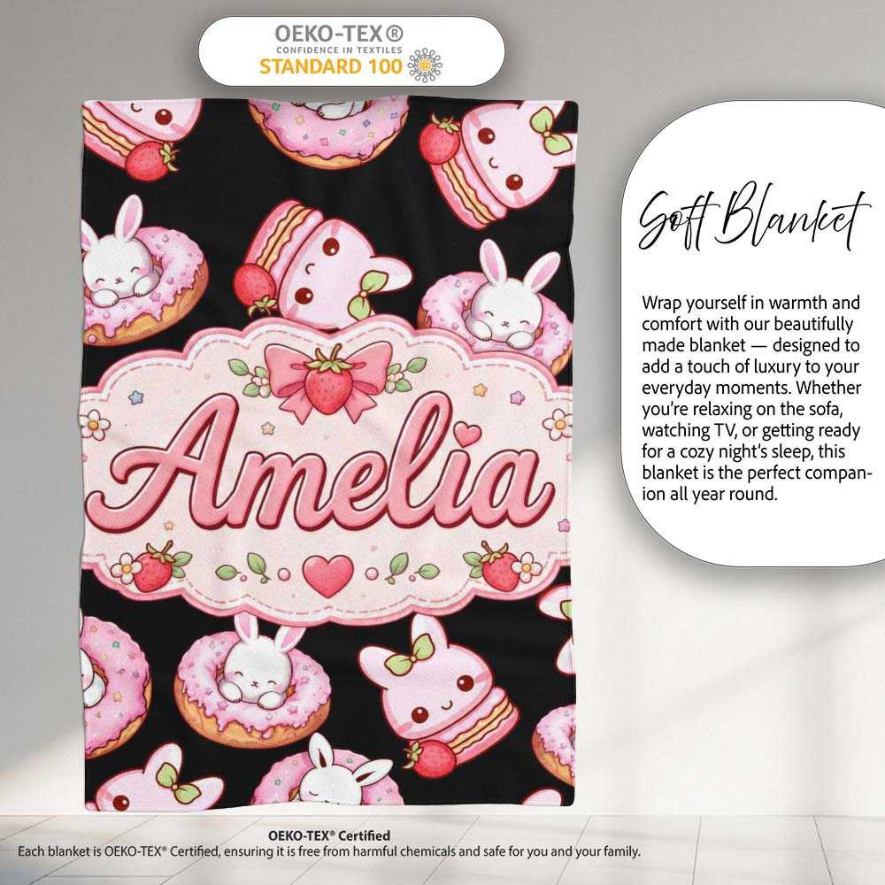 Cute Strawberry Bunny Donut Dessert Kawaii Sweet Seamless Pattern  Personalised Custom Name Super Soft Fleece Blanket Bed Sofa Throw