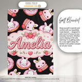 Cute Strawberry Bunny Donut Dessert Kawaii Sweet Seamless Pattern  Personalised Custom Name Super Soft Fleece Blanket Bed Sofa Throw