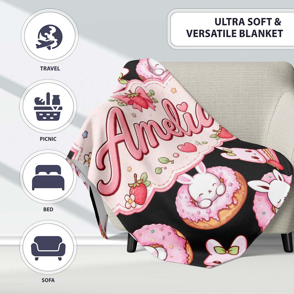 Cute Strawberry Bunny Donut Dessert Kawaii Sweet Seamless Pattern  Personalised Custom Name Super Soft Fleece Blanket Bed Sofa Throw