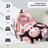 Cute Strawberry Bunny Donut Dessert Kawaii Sweet Seamless Pattern  Personalised Custom Name Super Soft Fleece Blanket Bed Sofa Throw