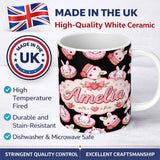 Personalized Custom Name Cute Strawberry Bunny Donut Dessert Kawaii Sweet Seamless Pattern 11oz Ceramic Coffee Tea Mug White Large Handle