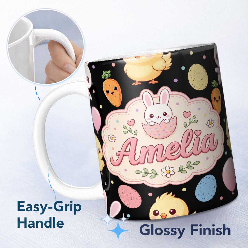 Personalized Custom Name Cute Easter Bunny Chick Carrot Egg Pastel Spring Seamless Pattern 11oz Ceramic Coffee Tea Mug White Large Handle