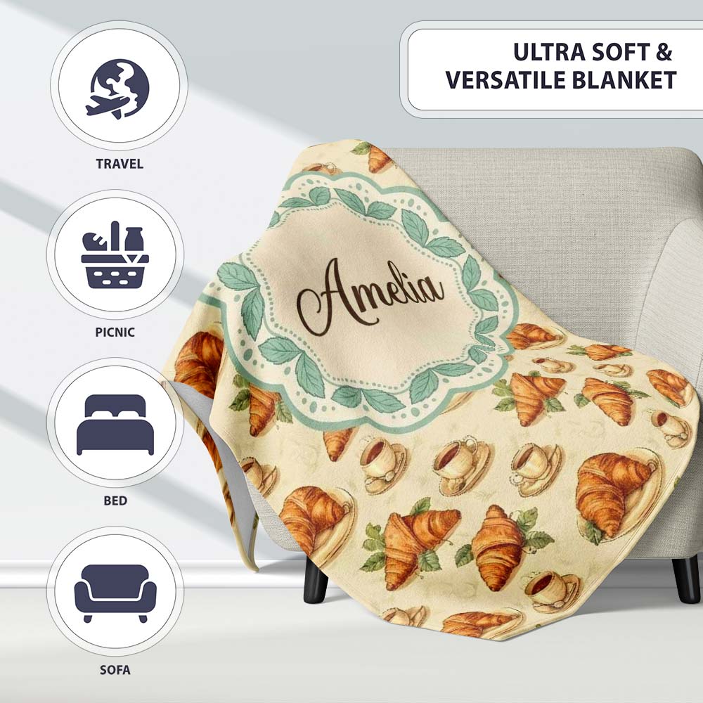 Vintage Croissant Coffee Cup Classic French Breakfast Illustration  Personalised Custom Name Super Soft Fleece Blanket Bed Sofa Throw