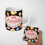 Personalized Custom Name Cute Easter Bunny Chick Carrot Egg Pastel Confetti Seamless Pattern 11oz Ceramic Coffee Tea Mug White Large Handle