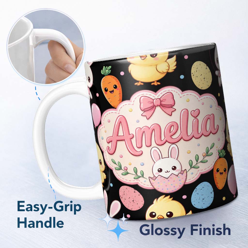 Personalized Custom Name Cute Easter Bunny Chick Carrot Egg Pastel Confetti Seamless Pattern 11oz Ceramic Coffee Tea Mug White Large Handle