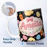 Personalized Custom Name Cute Easter Bunny Chick Carrot Egg Pastel Confetti Seamless Pattern 11oz Ceramic Coffee Tea Mug White Large Handle