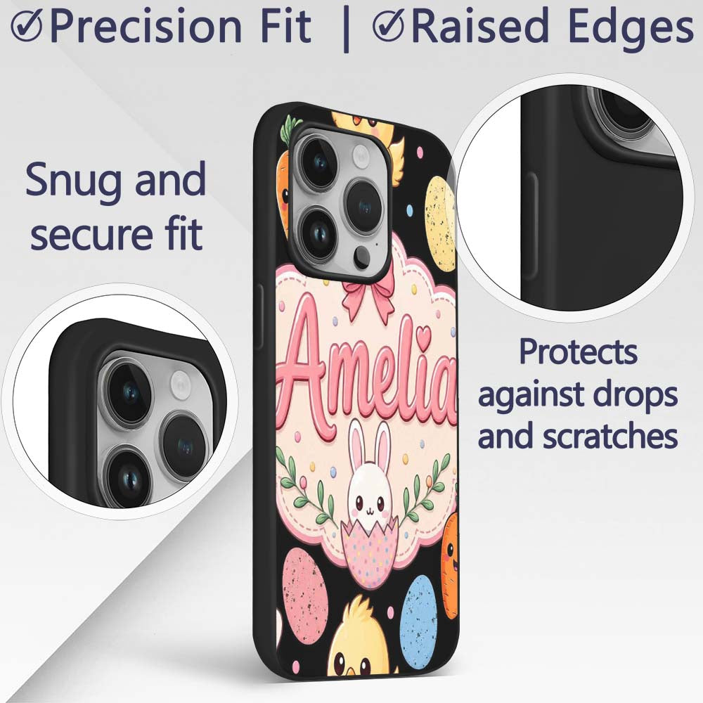Cute Easter Bunny Chick Carrot Egg Printed Design Custom Name Protective Phone Case Mobile Cover Durable Everyday Smartphone Shock Resistant