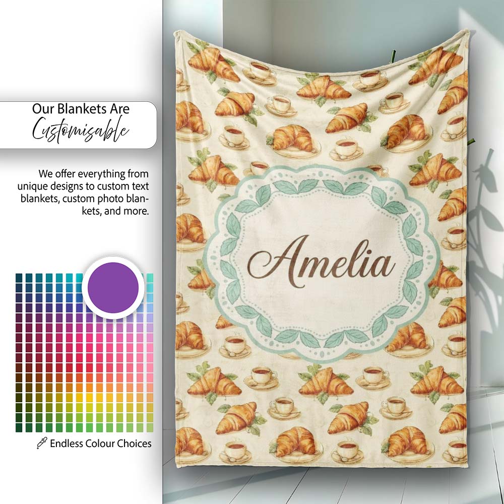 Vintage Croissant Coffee Cup Classic French Breakfast Illustration  Personalised Custom Name Super Soft Fleece Blanket Bed Sofa Throw