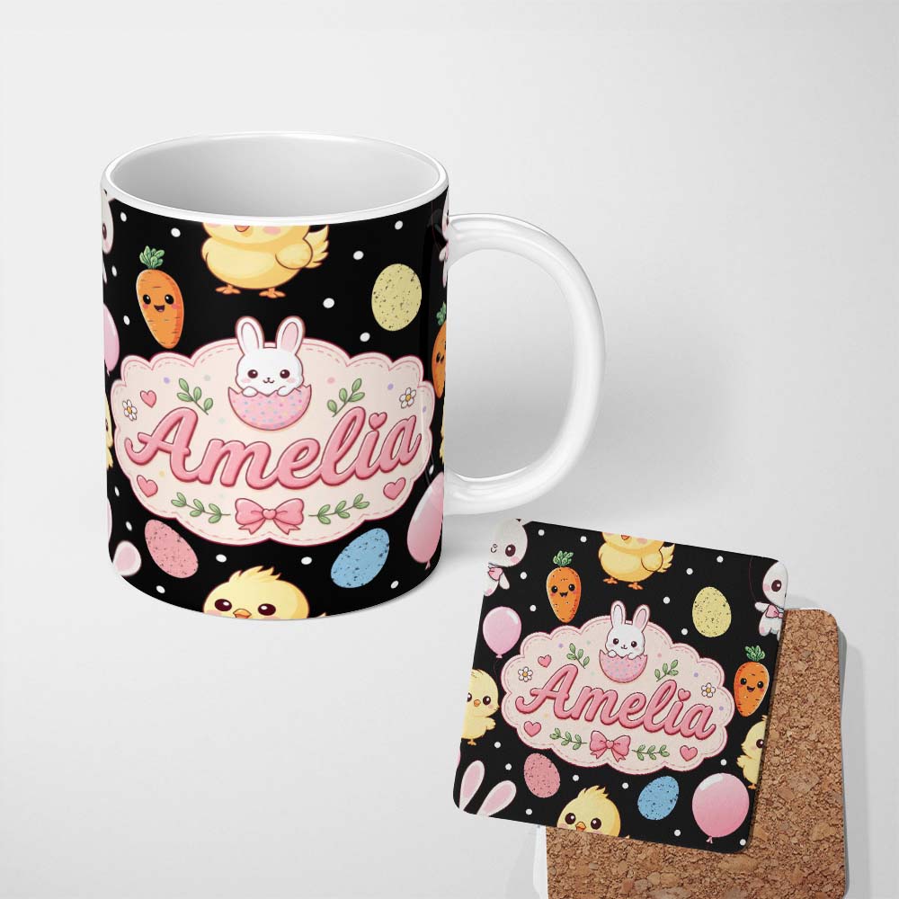Personalized Custom Name Cute Easter Bunny Chick Egg Carrot Pastel Spring Seamless Pattern 11oz Ceramic Coffee Tea Mug White Large Handle
