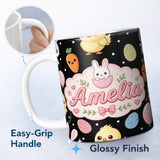 Personalized Custom Name Cute Easter Bunny Chick Egg Carrot Pastel Spring Seamless Pattern 11oz Ceramic Coffee Tea Mug White Large Handle