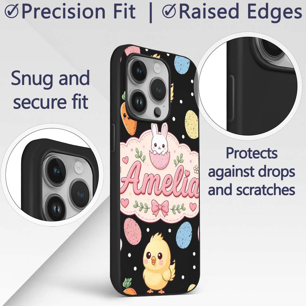 Cute Easter Bunny Chick Egg Carrot Pastel Spring Custom Name Protective Phone Case Mobile Cover Durable Everyday Smartphone Shock Resistant