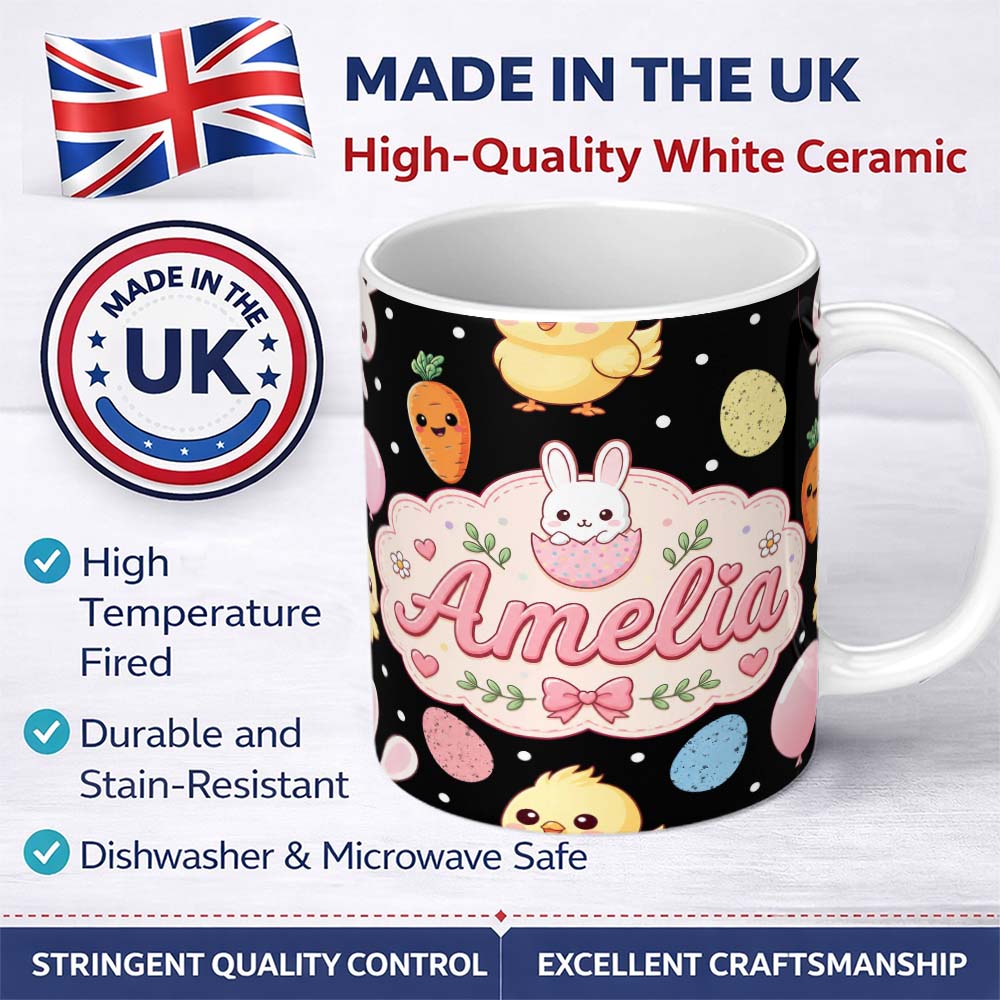 Personalized Custom Name Cute Easter Bunny Chick Egg Carrot Pastel Spring Seamless Pattern 11oz Ceramic Coffee Tea Mug White Large Handle